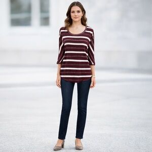 Cato Burgundy Purple Metallic White Striped Open Shoulder Top Shirt Size Large